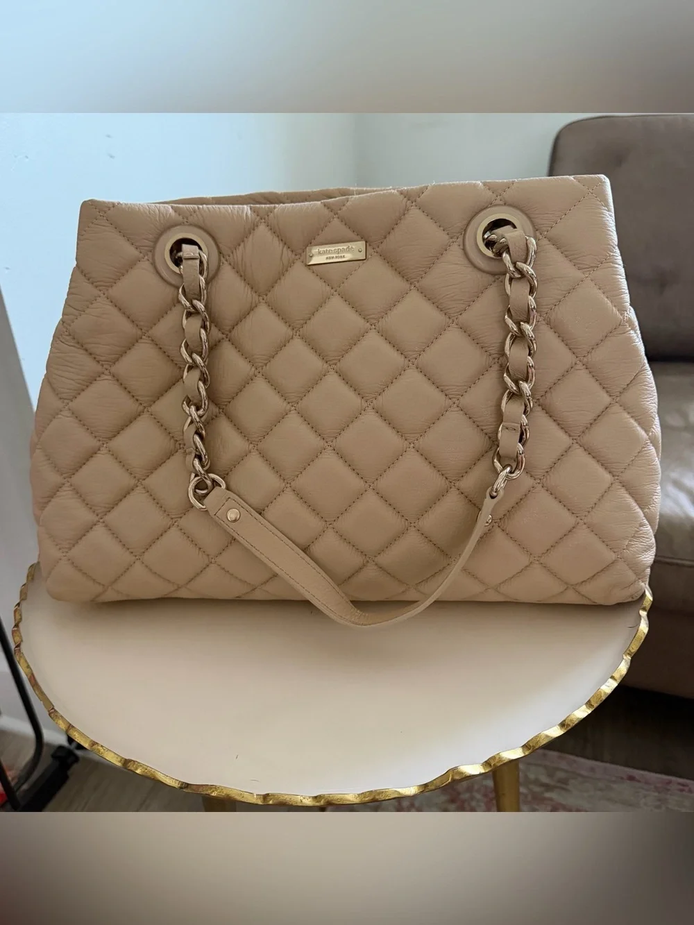 Vintage Kate Spade Gold Coast Maryanne Quilted Leather Tote Bag Cashew Beige EUC